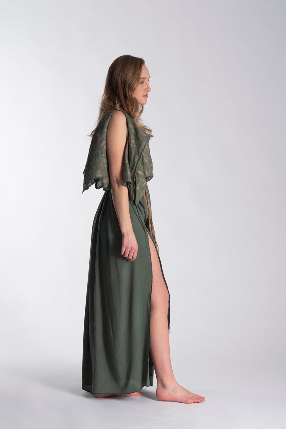 Greek inspired green dress with linen top and rayon blend bottom