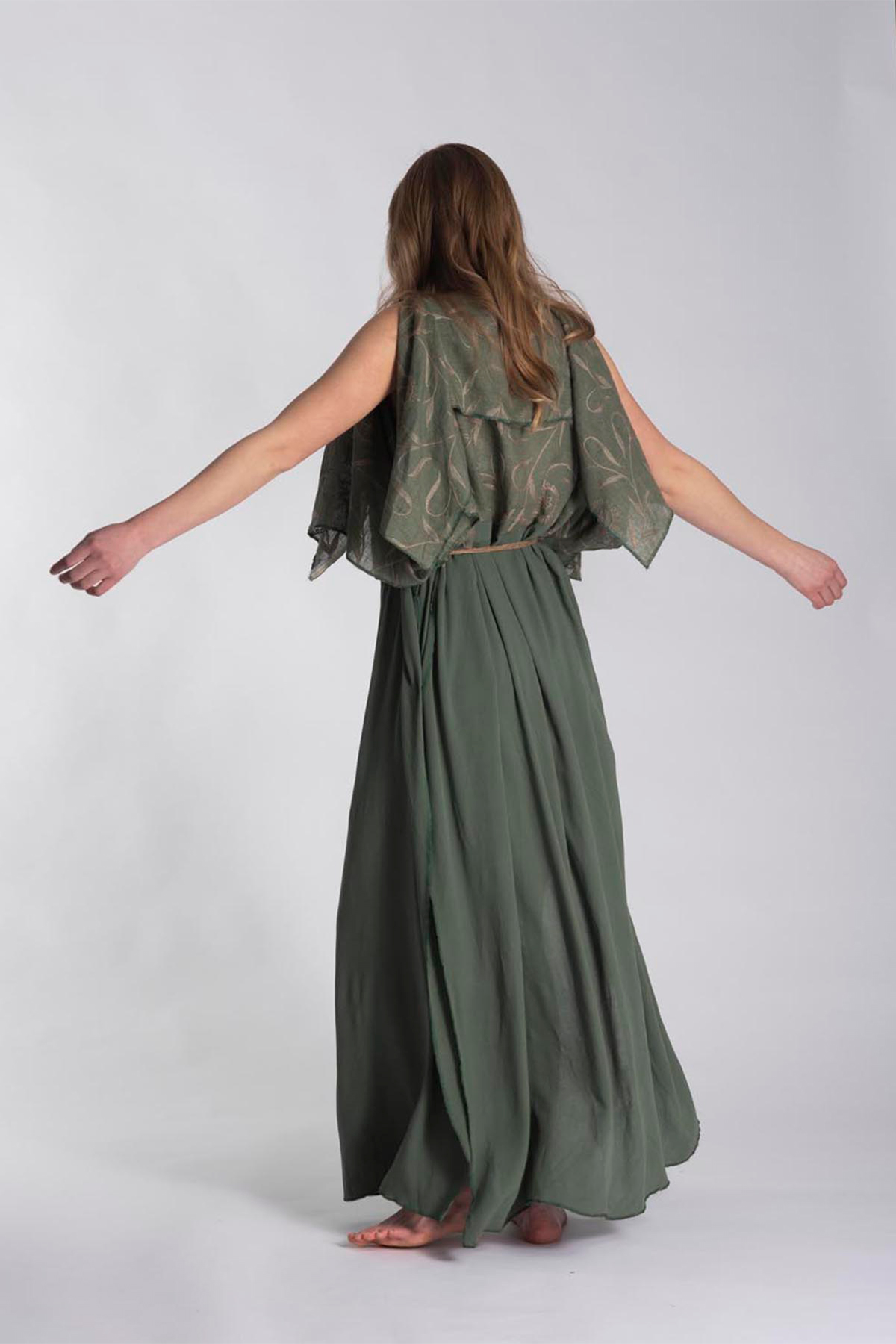 Greek inspired green dress with linen top and rayon blend bottom